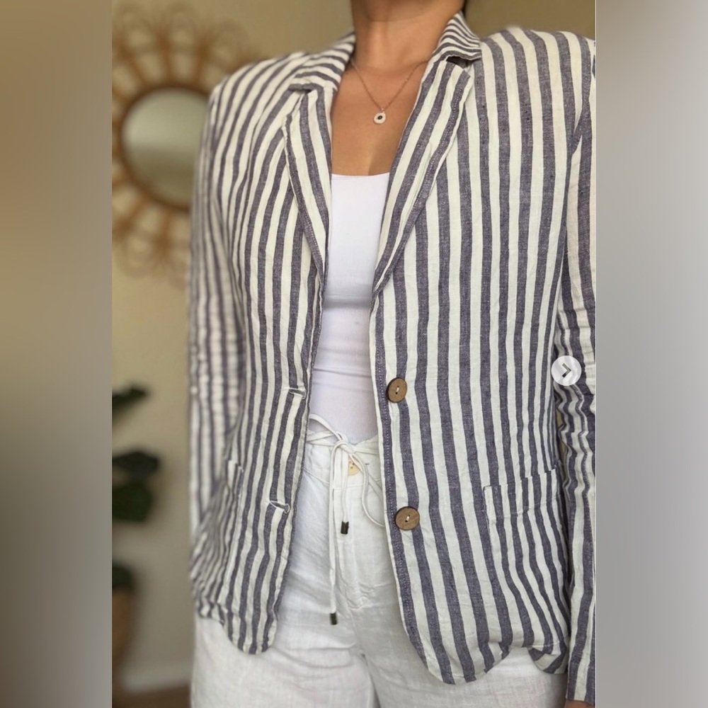 British Khaki Striped Linen Blazer Size M‎